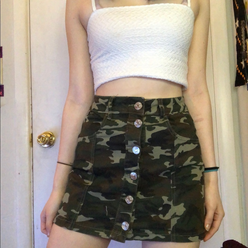 Adorable camo mini denim skirt